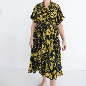 Vintage Positive Influence Black  & Yellow Floral Flowy Midi Dress 7/8